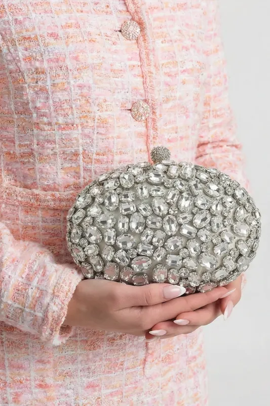 Crystal-Embellished Oval Clutch with All-Over Stone Finish – Silver made by Sierra darien
