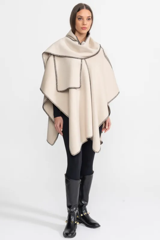 Wool Blend Poncho with Contrast Whipstitch Edging – Ivoire made by Sierra darien