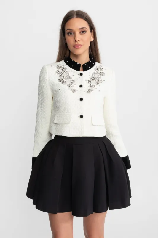 Embellished Textured Cropped Blazer with Crystal Floral Appliqué – White made by Sierra darien