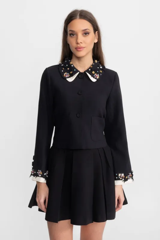Tailored Cropped Jacket with Embellished Collar and Cuffs – Black made by Sierra darien