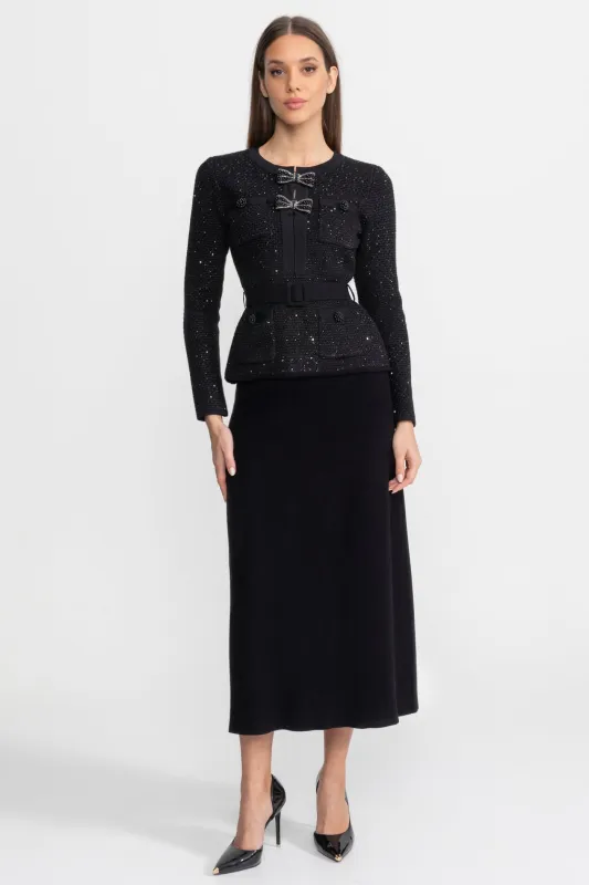 Embellished Tweed Co-Ord Set with Bow Closures And Midi Skirt – Black made by Sierra darien