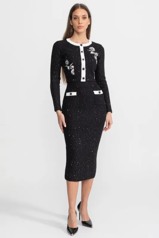 Embroidered Tweed Knit Co-Ord Set with Contrast Trim – Black made by Sierra darien