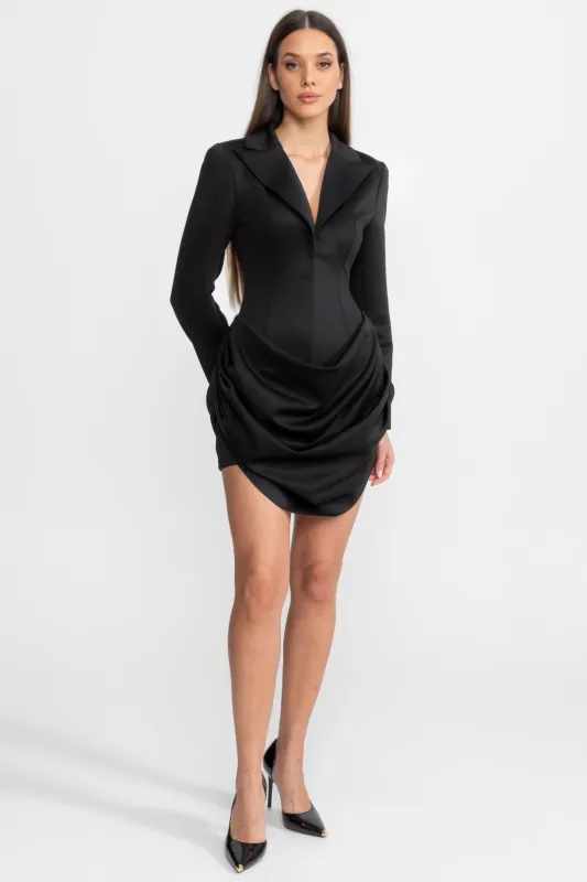 Tailored Mini Dress with Draped Skirt Detail – Black made by Sierra darien