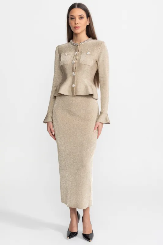 Shimmer Knit Dress with Crystal Button Accents – Champagne made by Sierra darien
