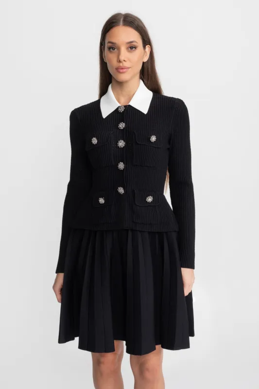 Ribbed Knit Mini Dress with Contrast Collar and Pleated Skirt – Black made by Sierra darien