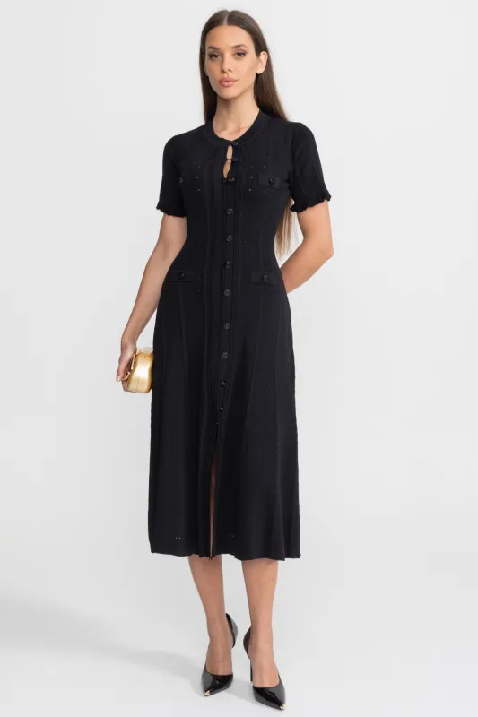 Knit Button-Front Midi Dress with Scalloped Sleeves – Black made by Sierra darien