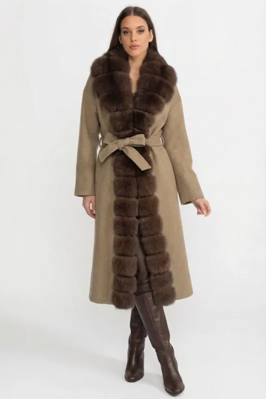 Wool Long Coat with Fox Fur Front – Khaki made by Sierra darien
