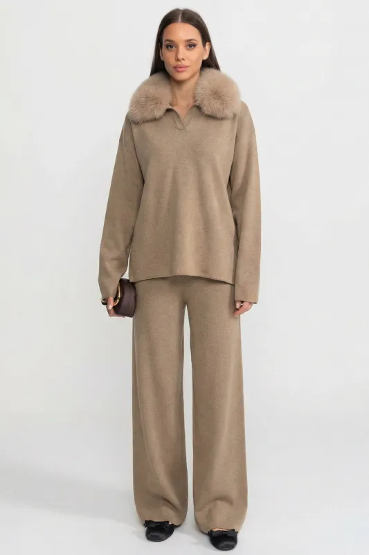 Knit Lounge Co-Ord Set with Fox Fur Collar – Khaki made by Sierra darien