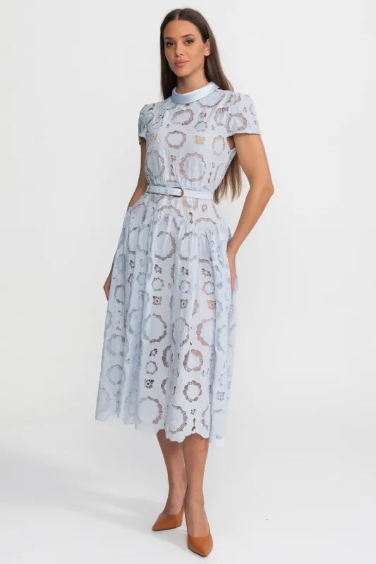 Floral Lace Midi Dress with Belted Waist – Light Blue made by Sierra darien