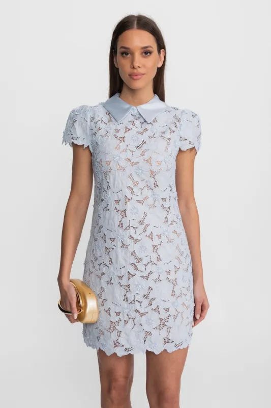 Floral Lace Mini Dress with Satin Collar – Light Blue made by Sierra darien