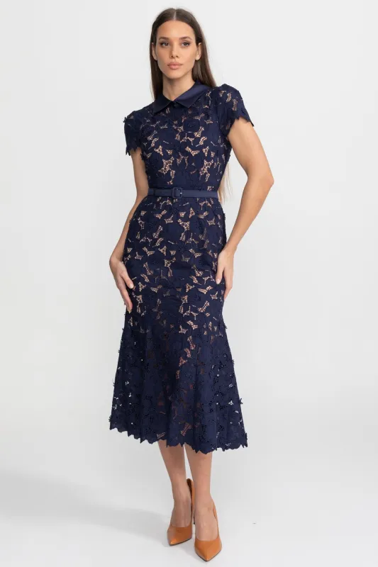 Lace Midi Dress with Belted Waist and Collared Neckline – Navy made by Sierra darien