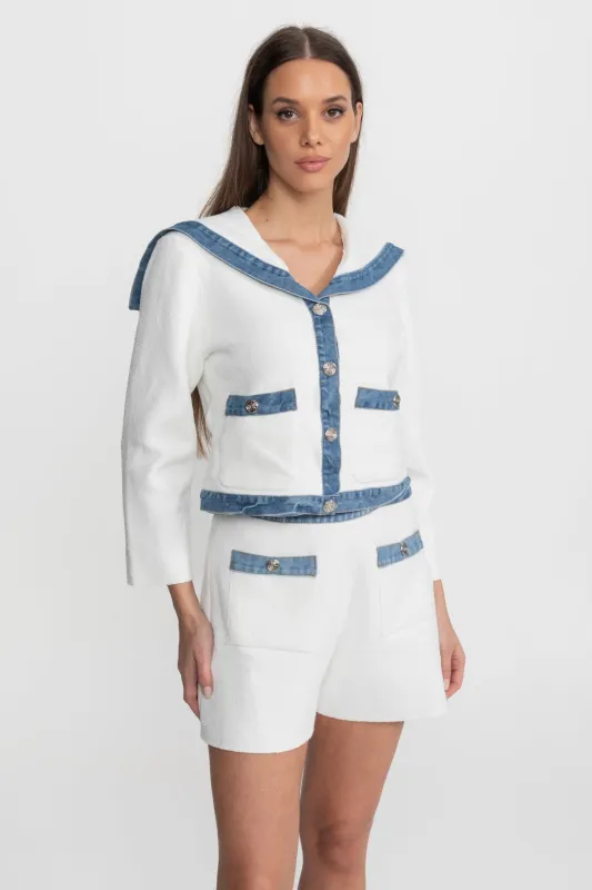 Textured Knit Co-Ord Set with Denim Trim – White & Blue made by Sierra darien