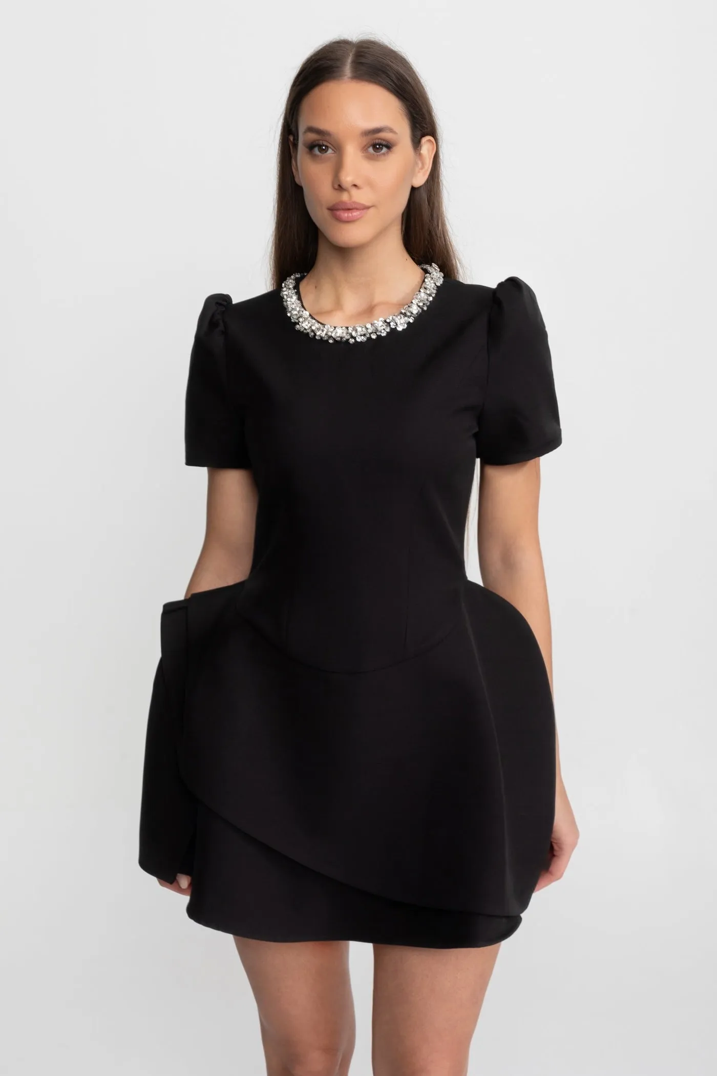 Tailored Mini Dress with Crystal Embellished Neckline – Black sold by Sierra darien