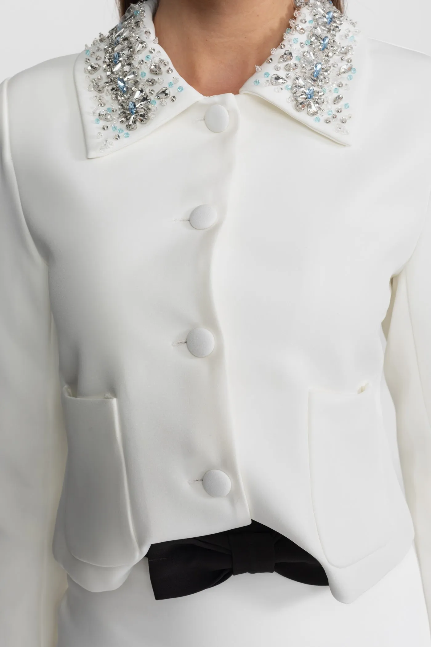 Embellished Cropped Jacket with Crystal Collar – White sold by Sierra darien product image thumbnail 5