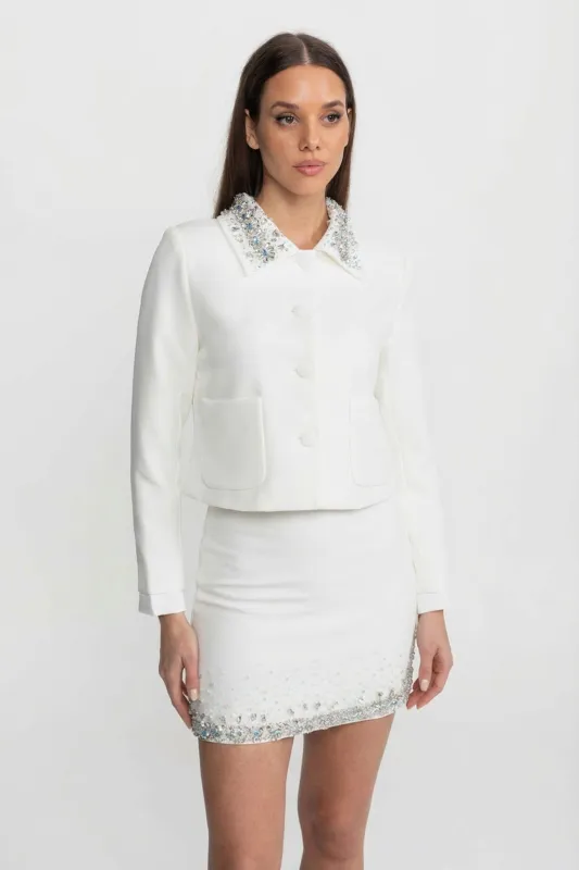 Embellished Cropped Jacket with Crystal Collar – White made by Sierra darien