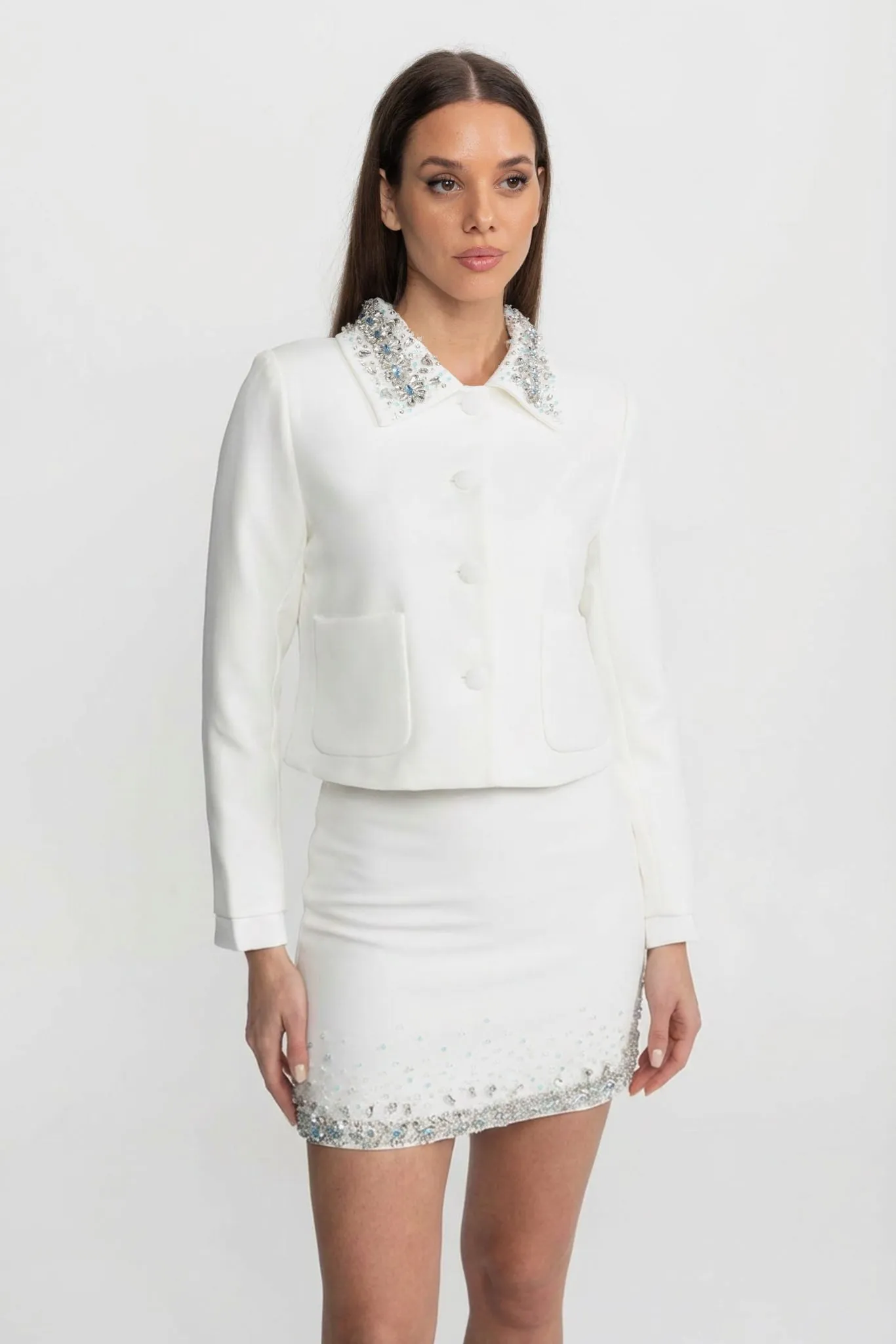 Embellished Cropped Jacket with Crystal Collar – White sold by Sierra darien