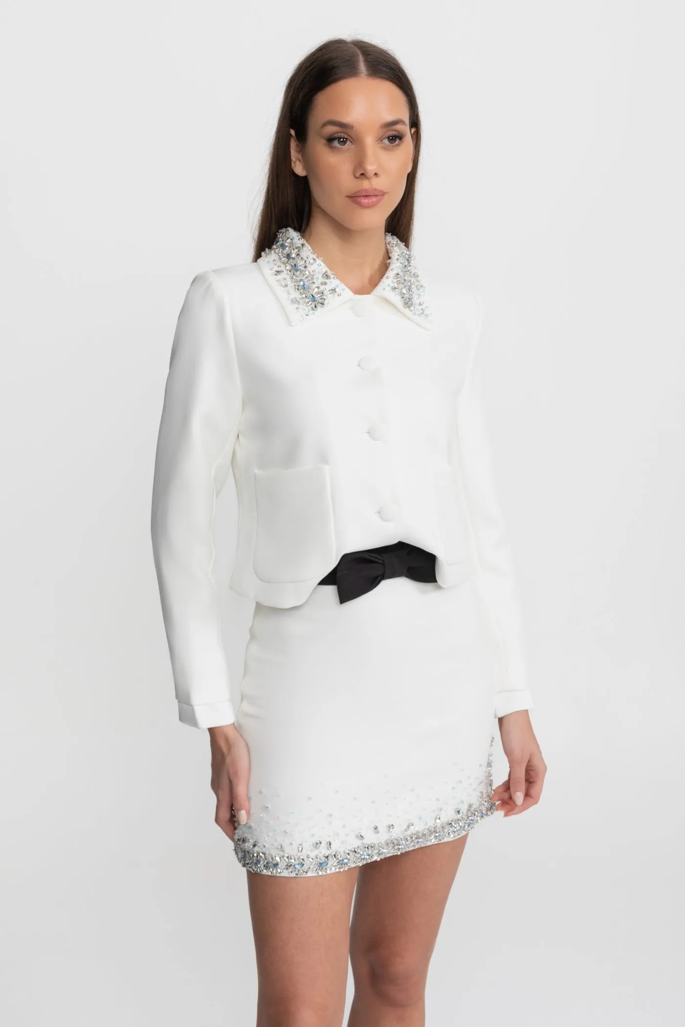 Embellished Cropped Jacket with Crystal Collar – White sold by Sierra darien product image thumbnail 3