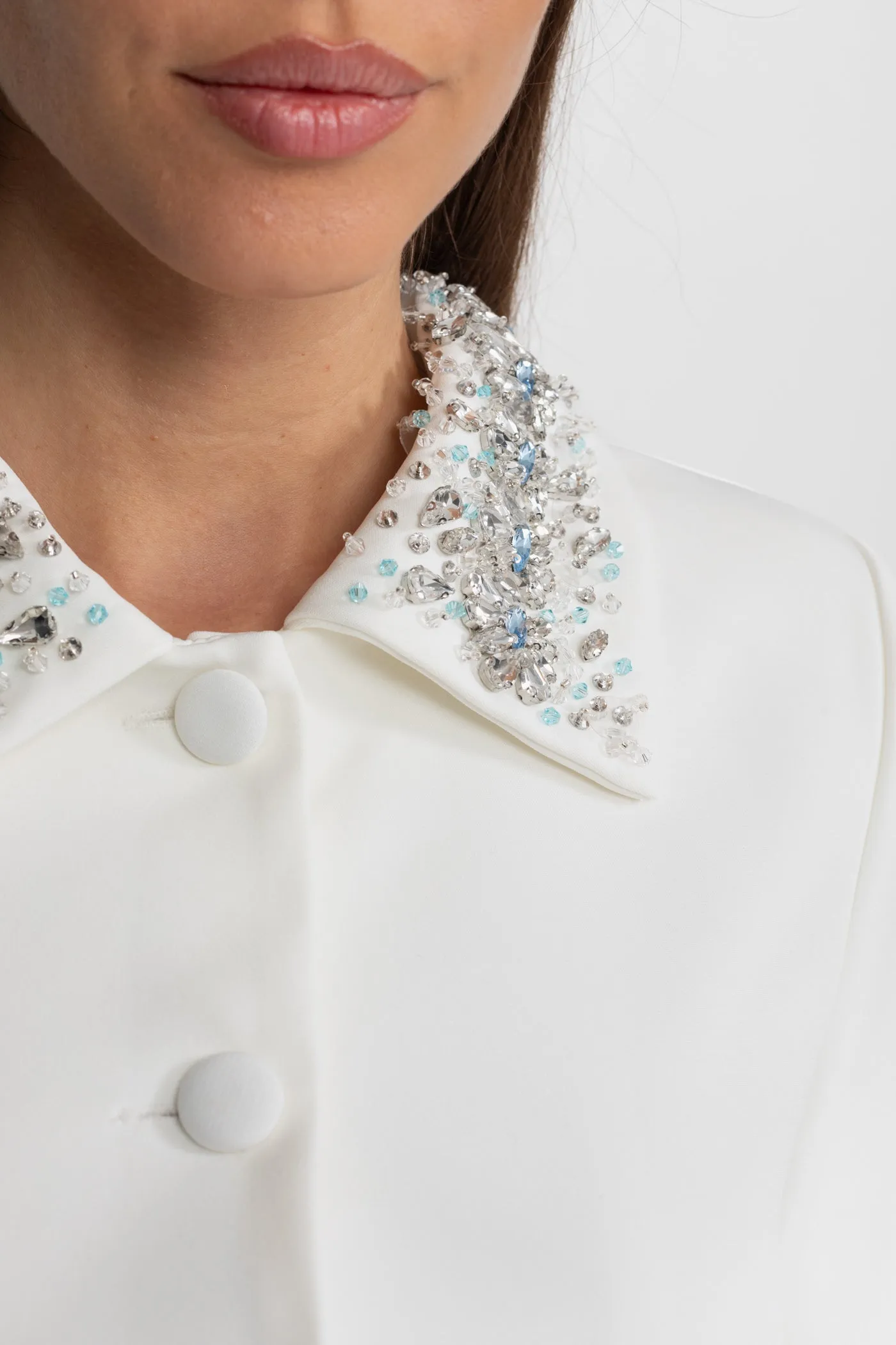 Embellished Cropped Jacket with Crystal Collar – White sold by Sierra darien product image thumbnail 4
