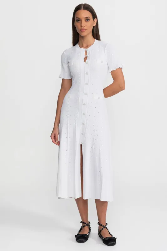 Knit Button-Front Midi Dress with Scalloped Sleeves – White made by Sierra darien