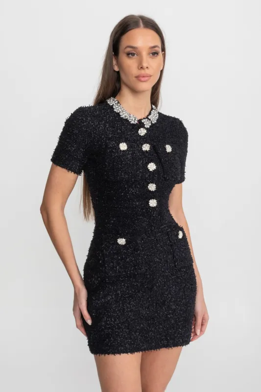 Embellished Tweed Mini Dress with Crystal Button Details – Black made by Sierra darien