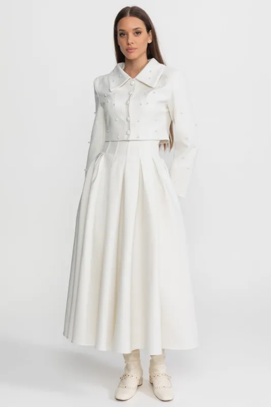 Pearl-Embellished Co-Ord Set with Cropped Jacket and Full Skirt – White made by Sierra darien