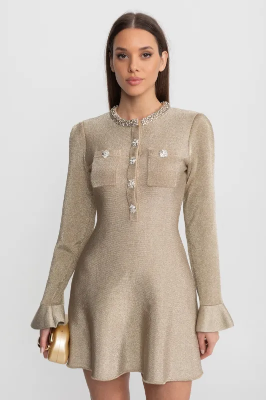 Shimmer Mini Dress with Crystal Button Embellishments – Champagne made by Sierra darien