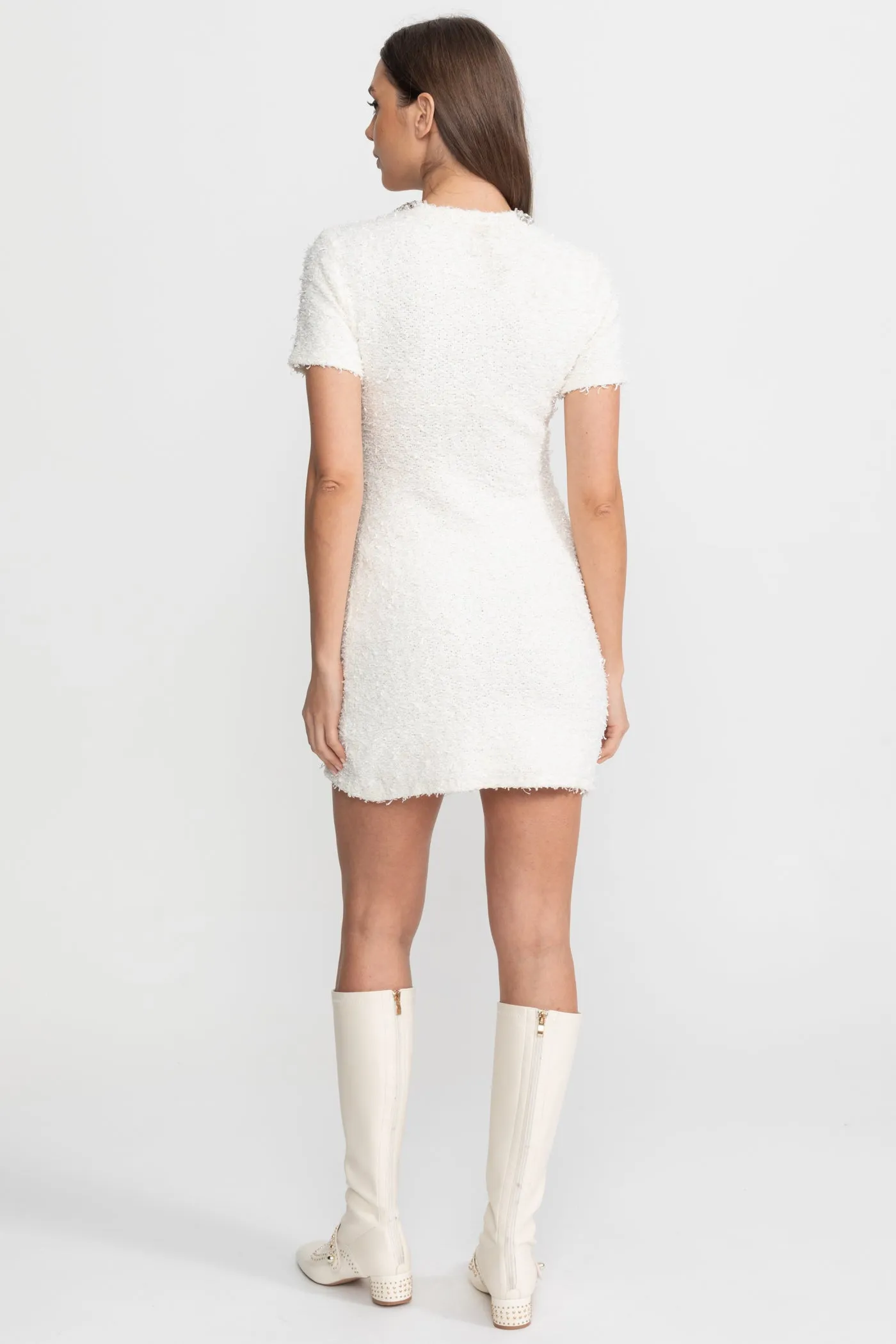 Embellished Tweed Mini Dress with Crystal Button Details – White sold by Sierra darien product image thumbnail 5