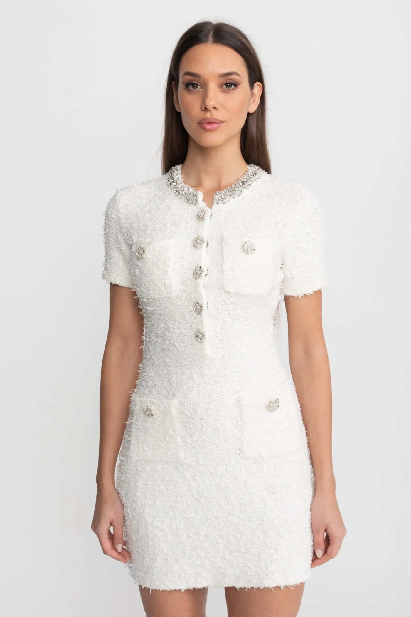Embellished Tweed Mini Dress with Crystal Button Details – White sold by Sierra darien product image thumbnail 2