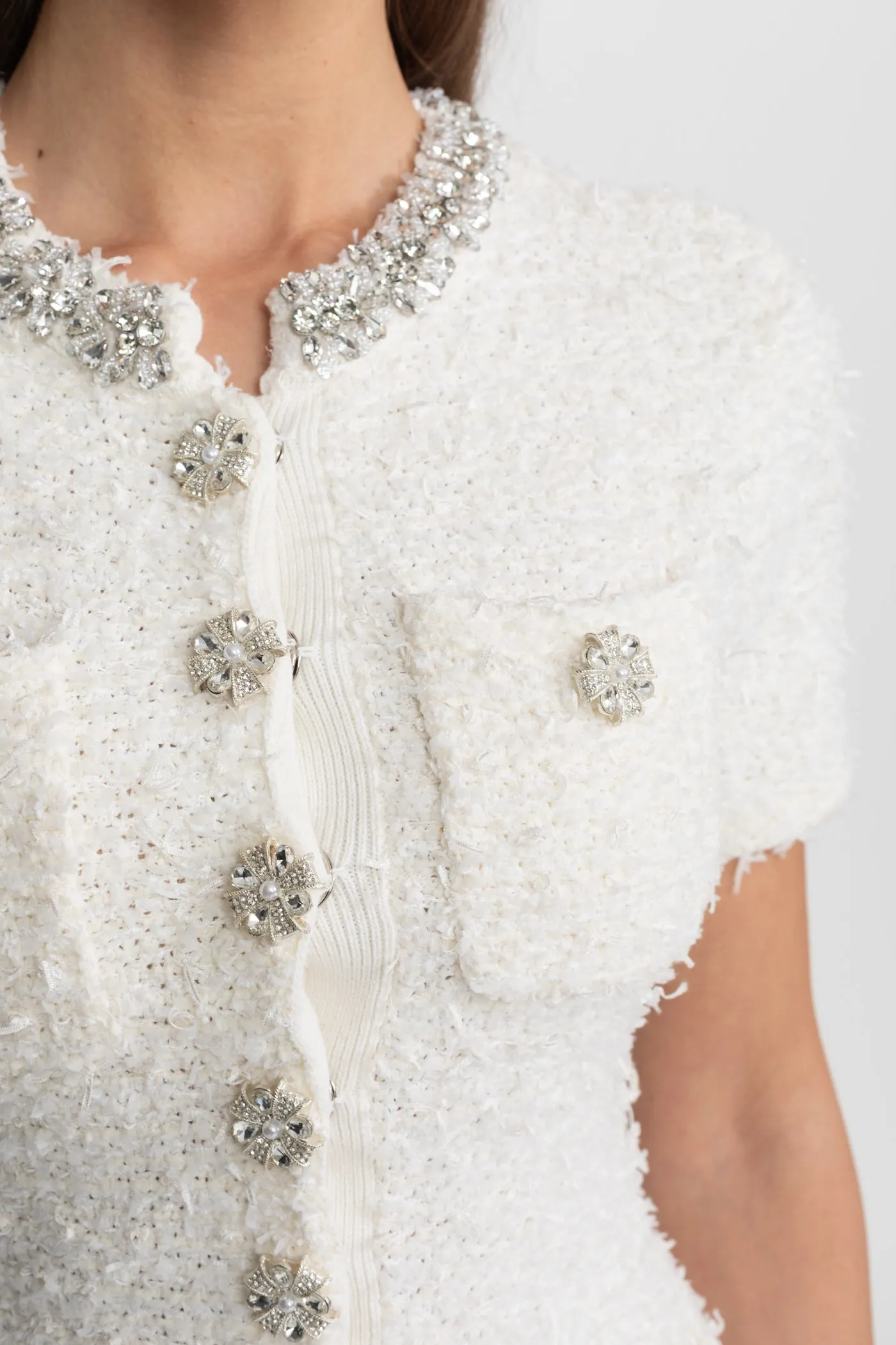 Embellished Tweed Mini Dress with Crystal Button Details – White sold by Sierra darien product image thumbnail 3