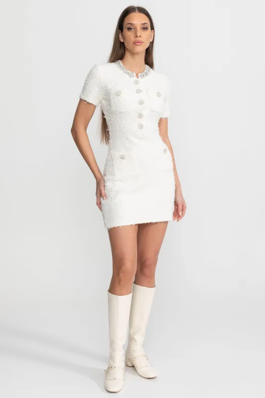 Embellished Tweed Mini Dress with Crystal Button Details – White made by Sierra darien