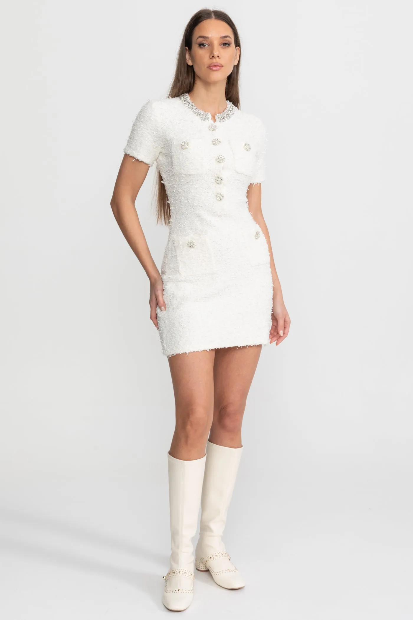 Embellished Tweed Mini Dress with Crystal Button Details – White sold by Sierra darien