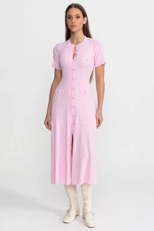 Knit Button-Front Midi Dress with Scalloped Sleeves – Pink made by Sierra darien