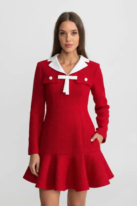 Tweed Fit-and-Flare Dress With Contrast Collar and Bow Detail – Red made by Sierra darien
