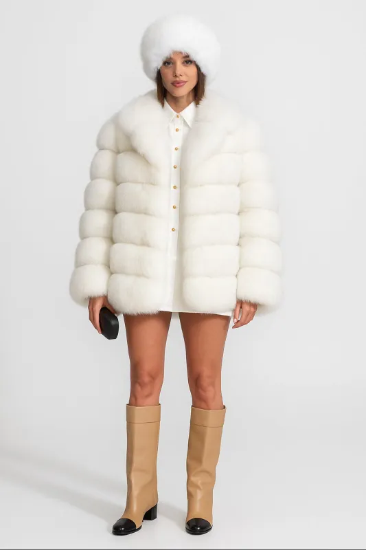 Tiered Fox Fur Jacket With Oversized Shawl Collar – White made by Sierra darien