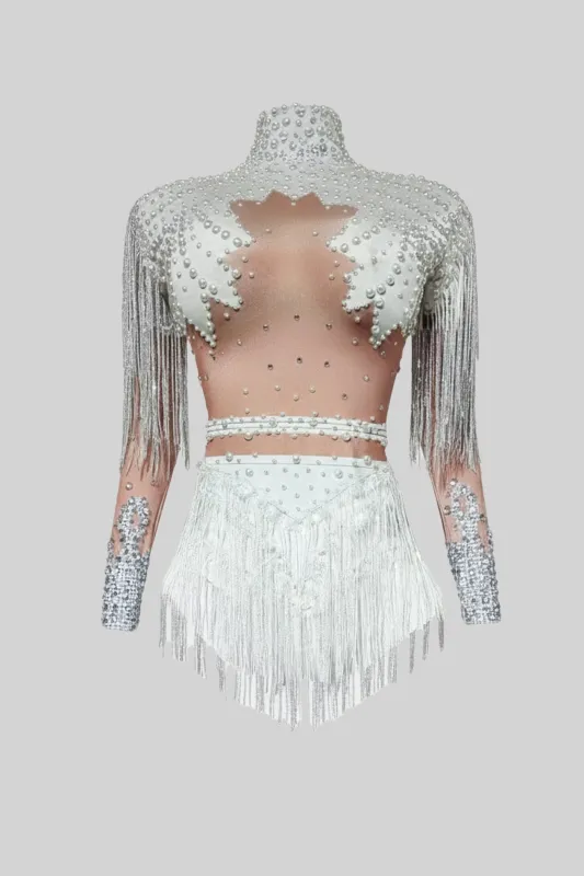 Fringed Bodysuit With Sparkling Sequin Embellishments – White made by Sierra darien