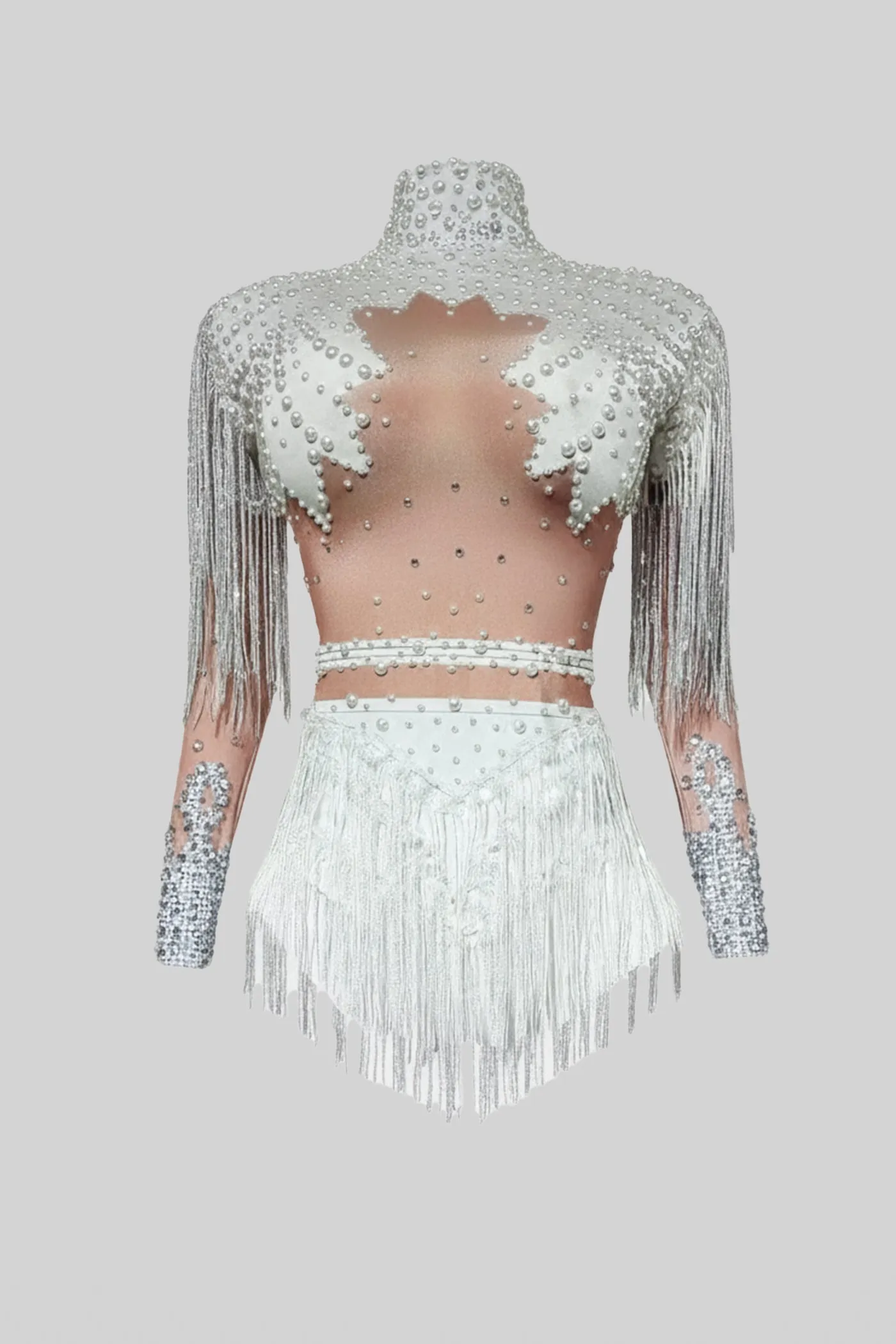 Fringed Bodysuit With Sparkling Sequin Embellishments – White sold by Sierra darien