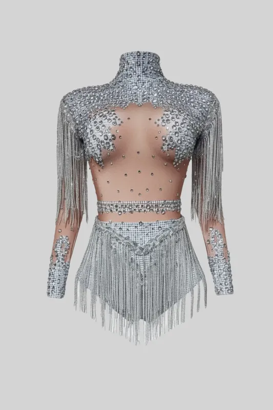 Fringed Bodysuit With Sparkling Sequin Embellishments – Silver made by Sierra darien