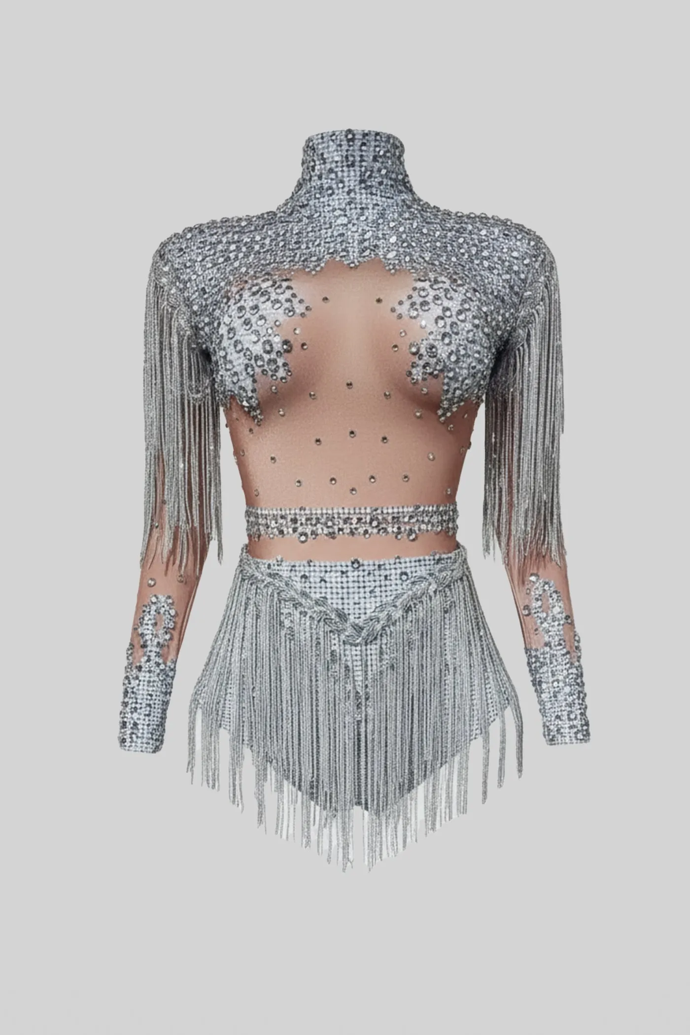 Fringed Bodysuit With Sparkling Sequin Embellishments – Silver sold by Sierra darien