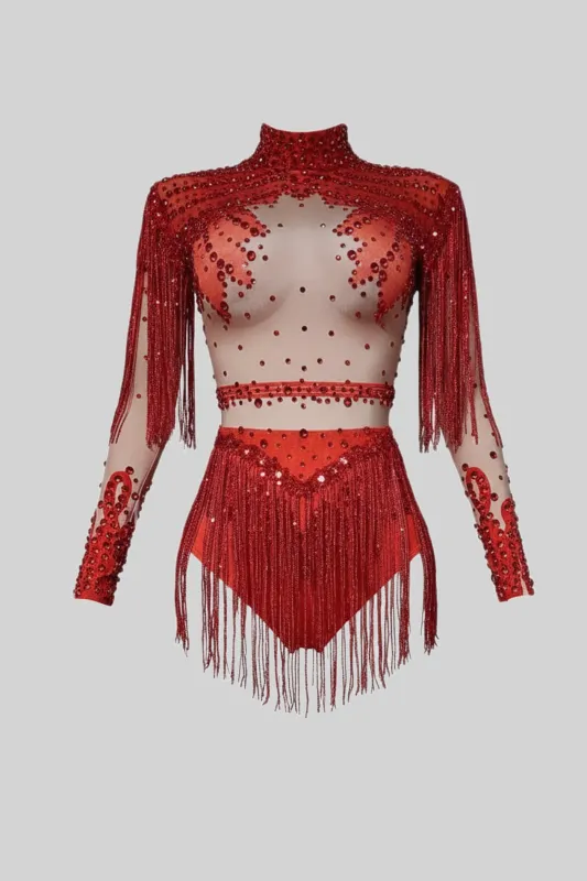 Fringed Bodysuit With Sparkling Sequin Embellishments – Red made by Sierra darien