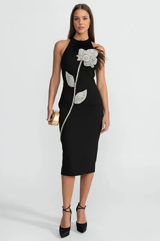 Floral Embellished Midi Dress With Feather Detailing – Black made by Sierra darien