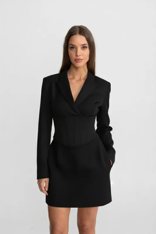 Structured Mini Blazer Dress With Corset Waist – Black made by Sierra darien