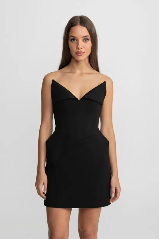 Structured Corset Mini Dress With Folded Collar-style Neckline – Black made by Sierra darien