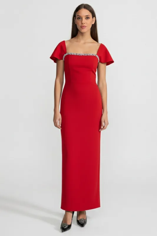 Off-Shoulder Fitted Gown With Crystal Embellishments  – Red made by Sierra darien