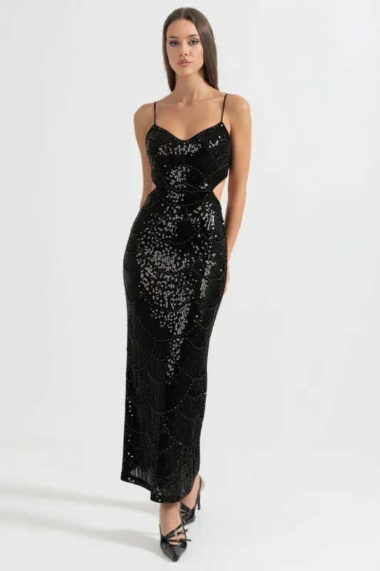 Sequin Fitted Midi Dress With Side Cutouts – Black made by Sierra darien
