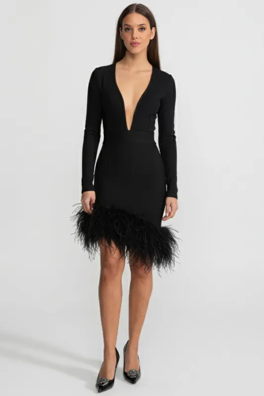 Feather Trim Mini Dress With Deep Neckline – Black made by Sierra darien