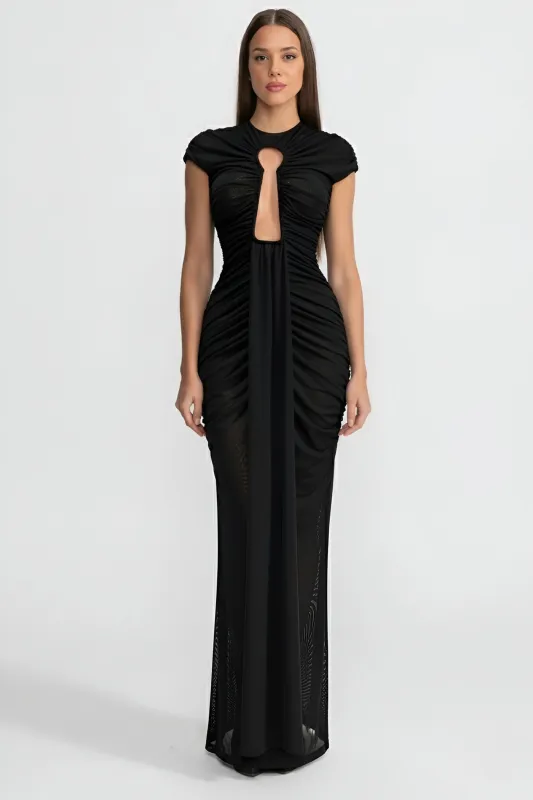 Draped Cut-Out Gown With Gathered Detailing – Black made by Sierra darien