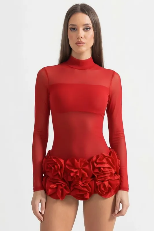 Sheer Floral Mini Dress With 3D Rosettes Hemline – Red made by Sierra darien