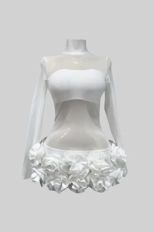 Sheer Floral Mini Dress With 3D Rosettes Hemline – White made by Sierra darien