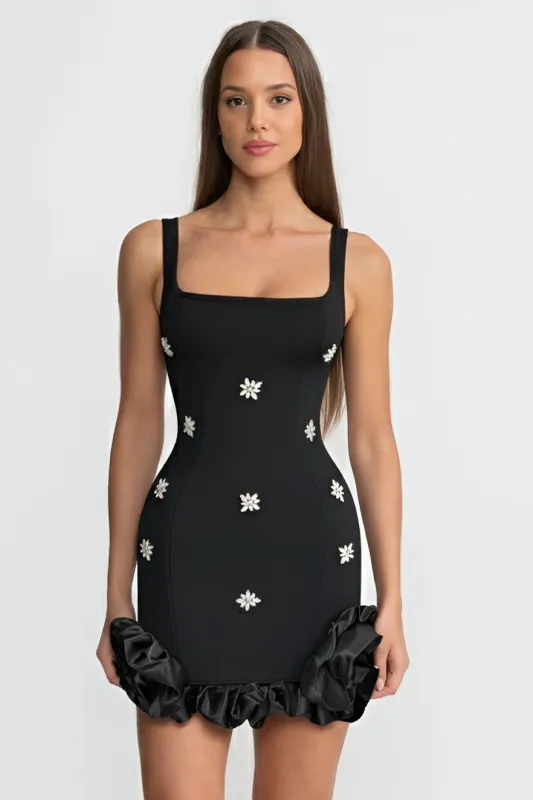 Embellished Bodycon Mini Dress With Crystal Flowers – Black made by Sierra darien