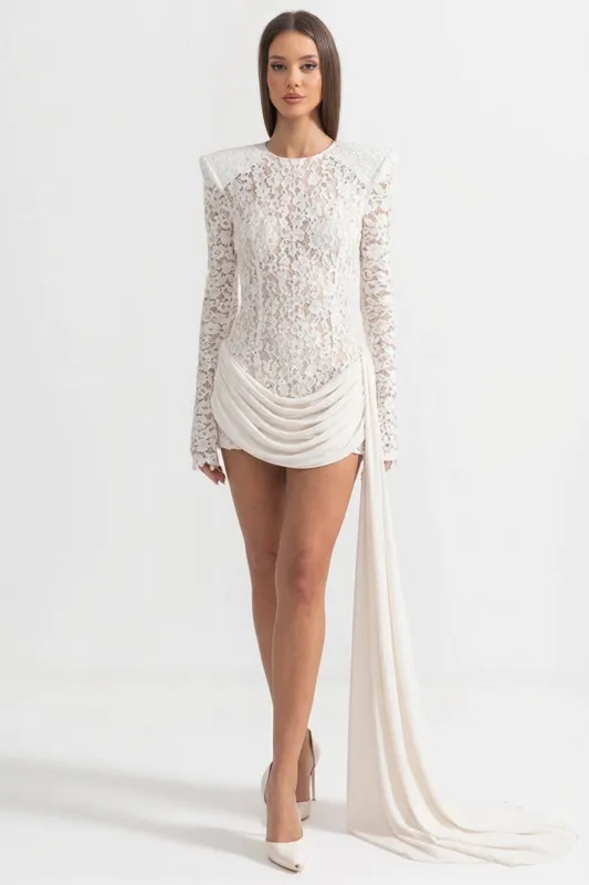 Sequin Lace Mini Dress With Structured Shoulders – White made by Sierra darien